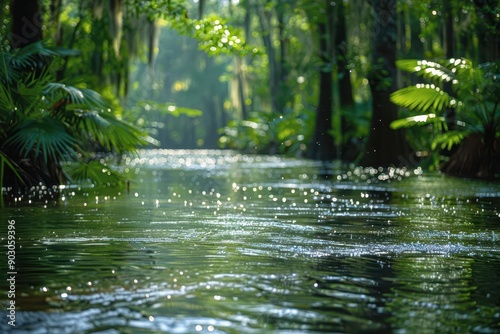 Sunbeams Reflecting on a Forest River.