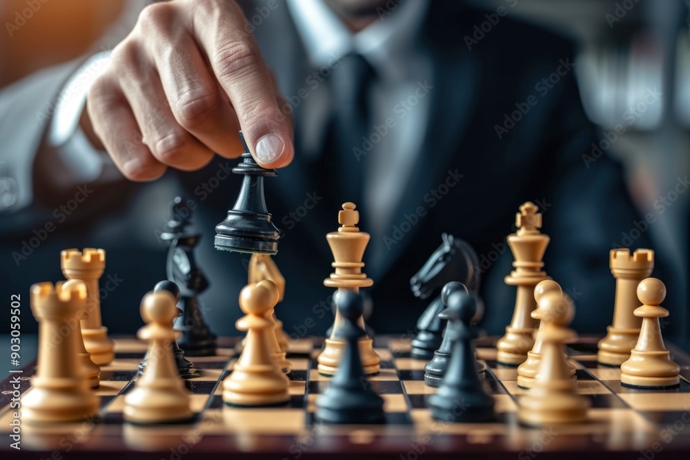 A close-up shot of a chess game in progress. A player's hand is reaching to move a black chess piece, demonstrating strategic thinking and focus.