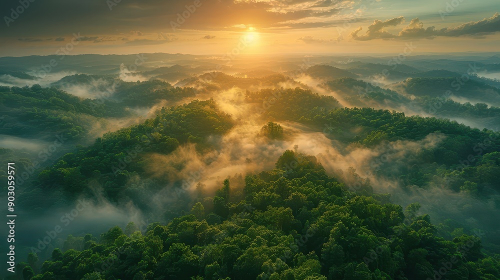 Sunrise Over Misty Forest.
