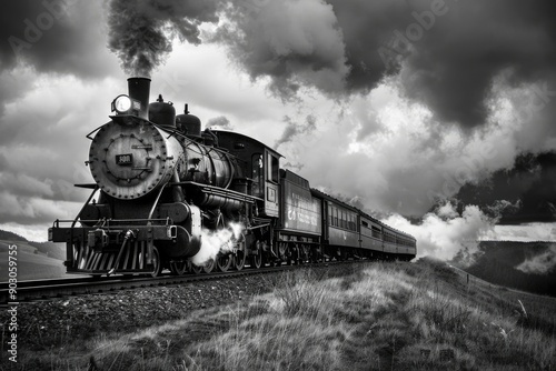 Steam Engine Black And White. Vintage Locomotive on a Railroad Track Under Cloudy Sky