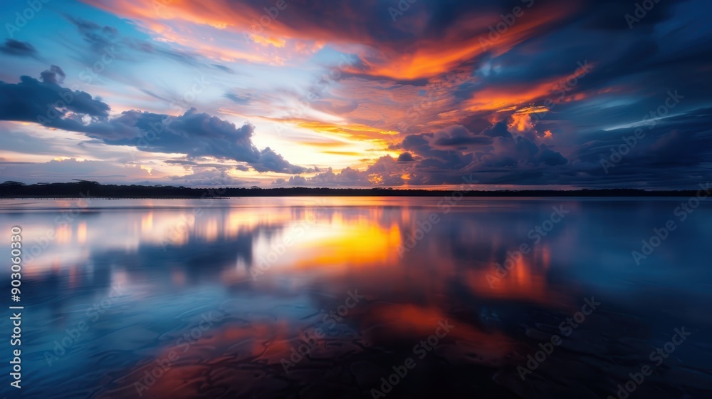 A mesmerizing image of a sunset over a serene lake, with dramatic clouds and vibrant colors mirrored on the water, creating a captivating and peaceful scene. A mesmerizing image of a sunset over a serene lake, with dramatic clouds and vibrant colors mirrored on the water, creating a captivating and peaceful scene.