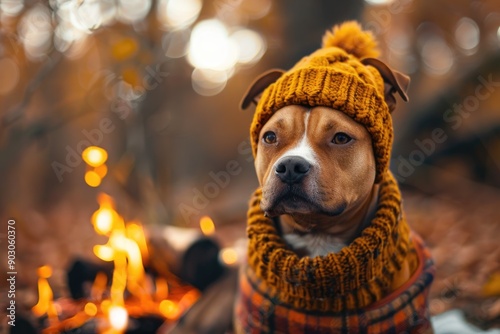 Chilly Dog. Funny Portrait of a Dog in Lumberjack Hat Enjoying Autumn Camping Adventure