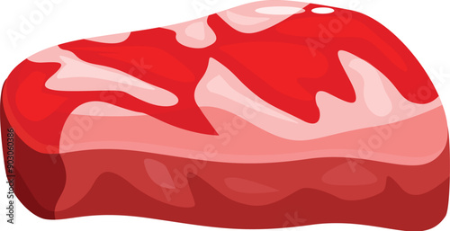 Cartoon icon of big red piece of raw meat with fat layers is lying on white background