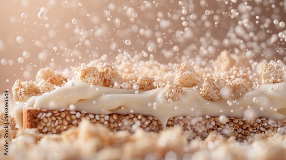 A close-up of a dessert bar with a thick layer of creamy frosting, topped with crunchy sprinkles and fluffy toppings, capturing the essence of a perfect sweet treat.