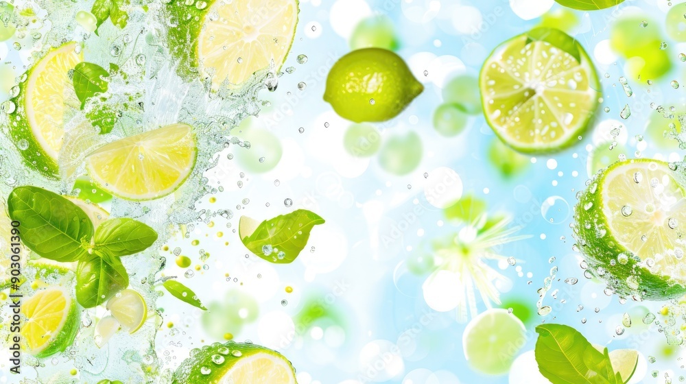 An enchanting scene featuring limes in water, An enchanting scene featuring limes in water,
