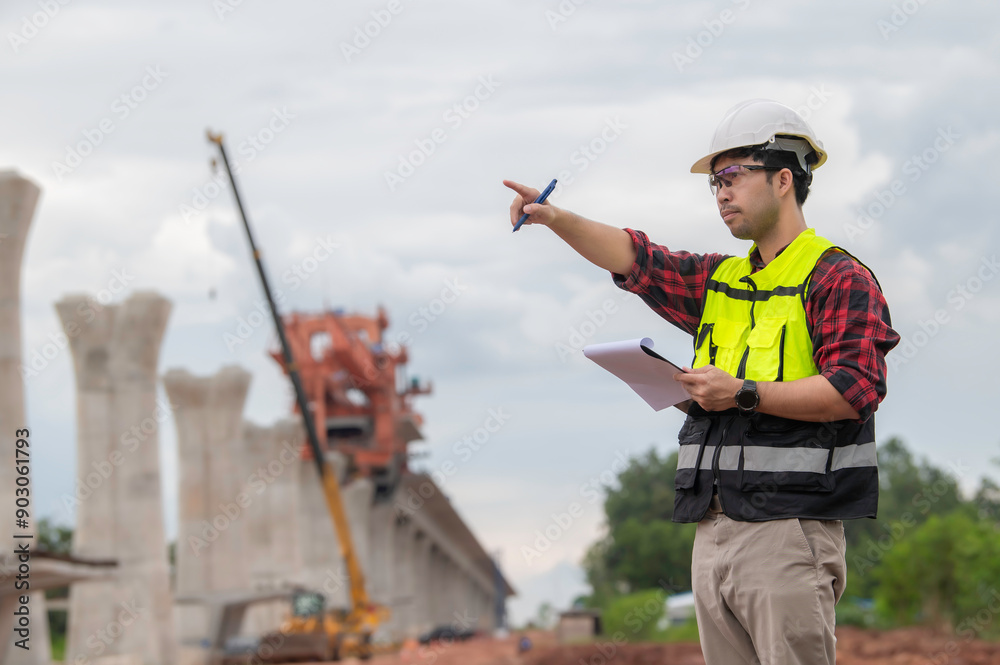 An Asian male engineer works at a motorway bridge construction site,Civil worker inspecting work on crossing construction,Supervisor working at high-speed railway construction site An Asian male engineer works at a motorway bridge construction site,Civil worker inspecting work on crossing construction,Supervisor working at high-speed railway construction site