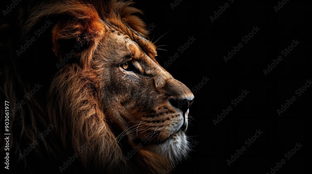 A close-up of a lion's face set against a dark background, Generative AI. A close-up of a lion's face set against a dark background, Generative AI.