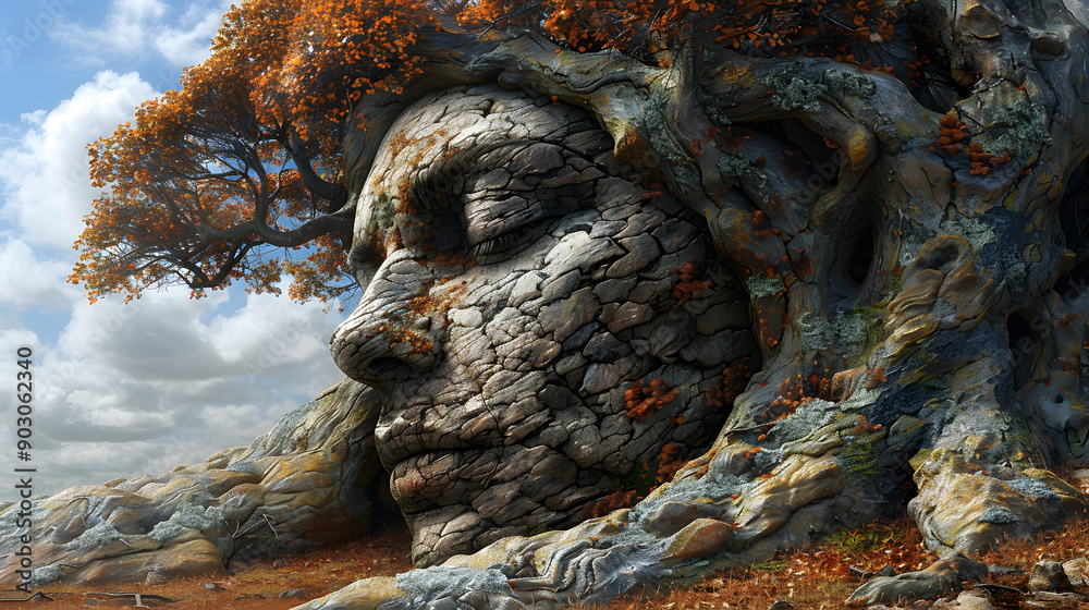 A majestic tree with a face carved into its ancient trunk symbolizes ...