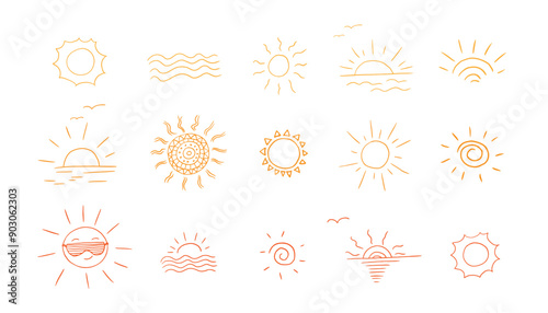 Cute set of suns in doodle style. Sun in sunglasses, sunset, sun rays, sunshine, waves. Summer time. Hand drawn vector illustration. Great for prints, poster, banner and professional design