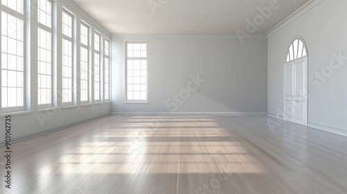 An empty room with a wooden floor. There are three large windows on the left side, each with multiple panes, allowing sunlight to filter in. The walls are painted in a light gray shade