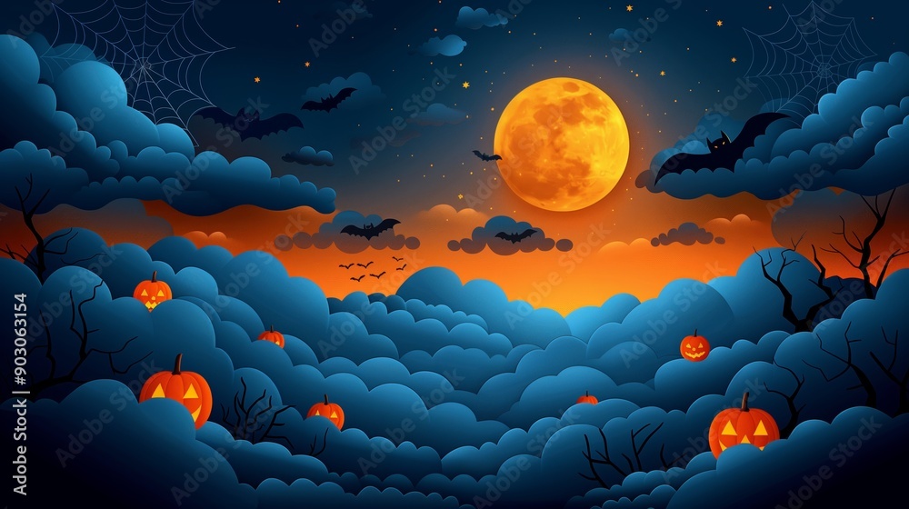 Spooky Halloween Night With Full Moon, Bats, and Haunted Pumpkins in Enchanted Sky Spooky Halloween Night With Full Moon, Bats, and Haunted Pumpkins in Enchanted Sky