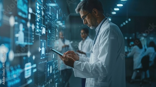 A scientist in a lab coat analyzes data on a tablet against a backdrop of digital information and analytics.