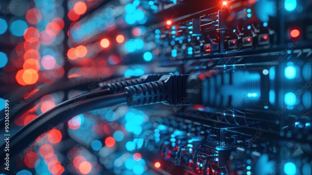 Close-up of network cables connected to a server, illuminated with vibrant blue and red lights, showcasing modern technology dynamics. Close-up of network cables connected to a server, illuminated with vibrant blue and red lights, showcasing modern technology dynamics.
