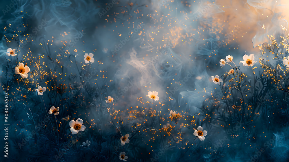 Abstract painted white flowers with gold and dark blue moody background Abstract painted white flowers with gold and dark blue moody background