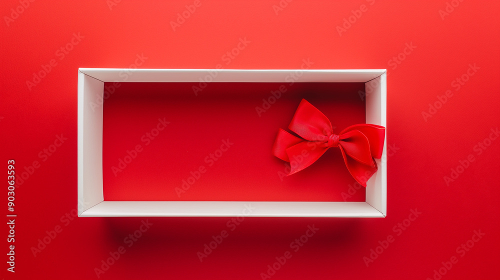 A white rectangular box with a red ribbon and bow on its top. The box ...