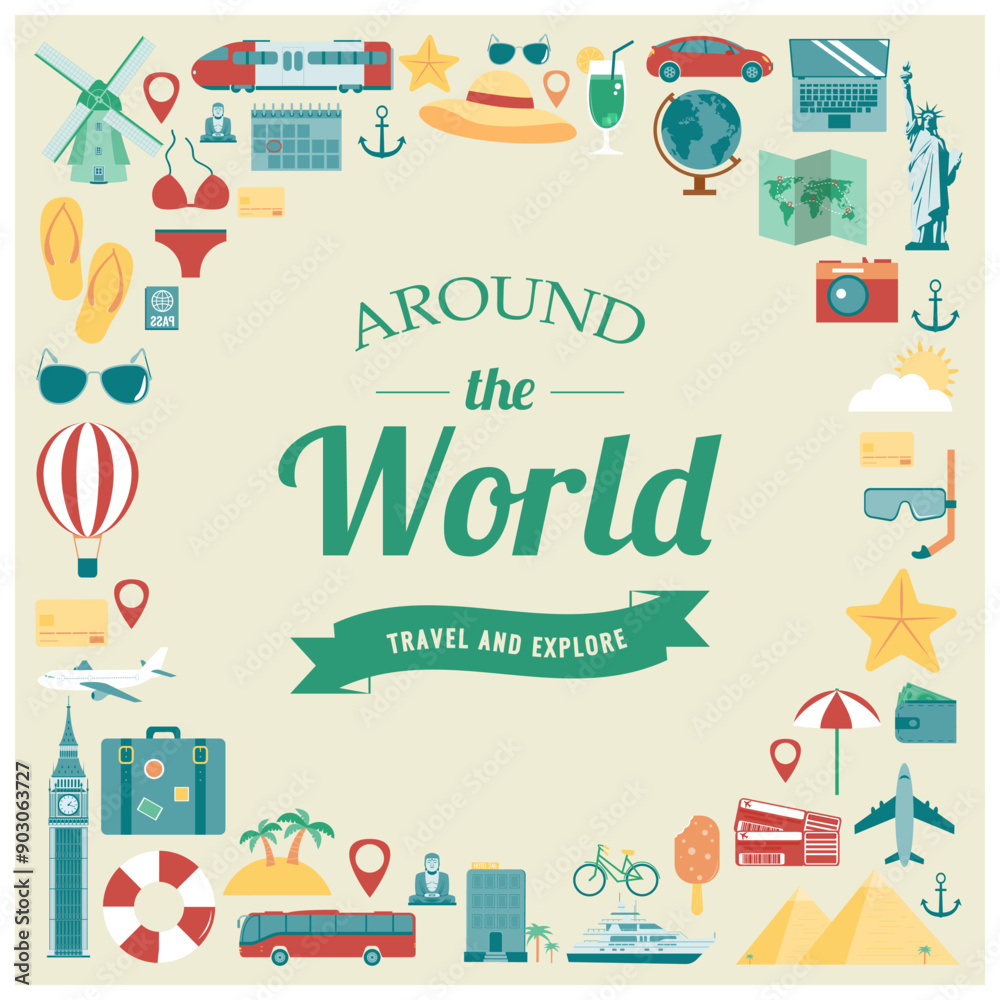 Travel composition with flat design icons. Summer background. Vector illustration Travel composition with flat design icons. Summer background. Vector illustration