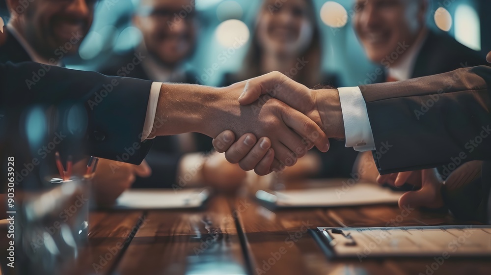 Successful Corporate Executives Celebrating Merger with Handshakes and Smiles in Board Room