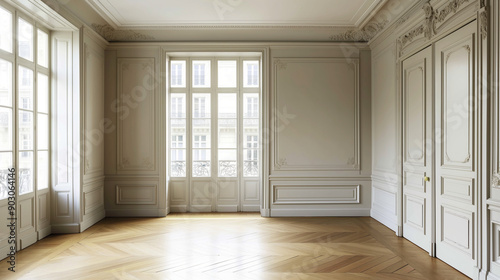 Wallpaper Mural An empty room with a wooden floor. There are three large windows on the left side, each with multiple panes and white frames. The walls are painted in a light gray shade Torontodigital.ca