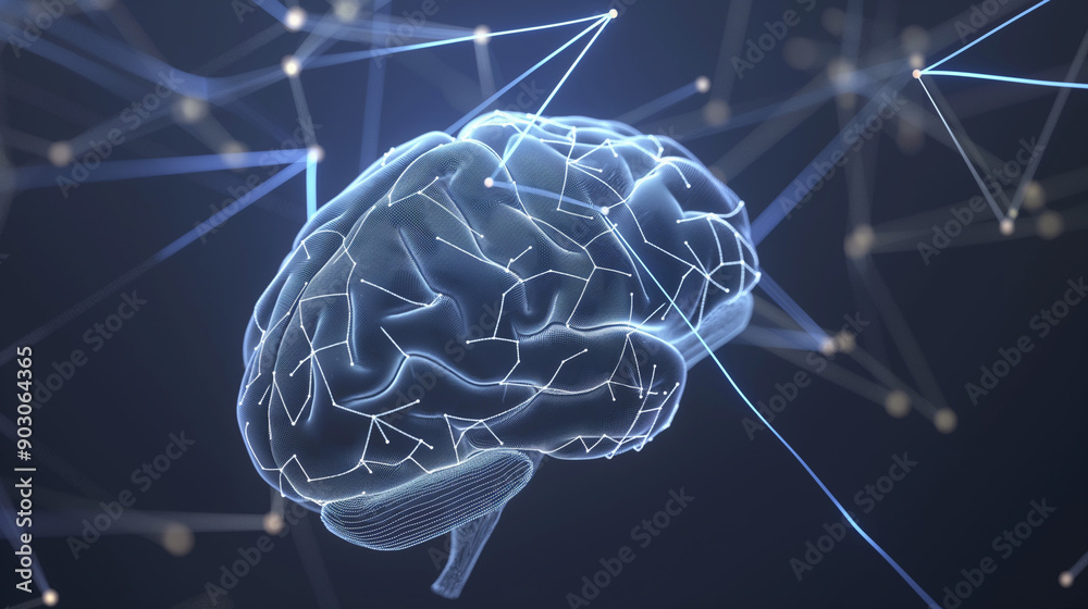 A transparent human brain against a backdrop of interconnected nodes and lines, resembling a neural network. The brain is illuminated in a blue hue, with electric currents or lightning bolts emanating A transparent human brain against a backdrop of interconnected nodes and lines, resembling a neural network. The brain is illuminated in a blue hue, with electric currents or lightning bolts emanating