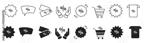 Discount promotion flat icon set vector. Containing shopping tag, cart, coupon, label, sticker, badge, speech bubble with percentage symbol for apps and websites.