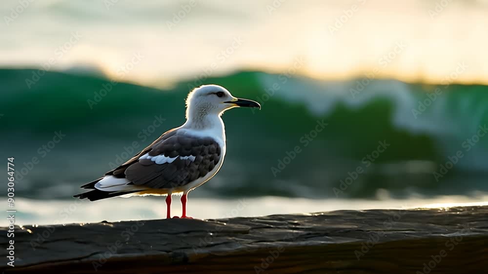 Seagull Standing on a Pier Rail at Sunset by the Ocean Waves Seagull Standing on a Pier Rail at Sunset by the Ocean Waves