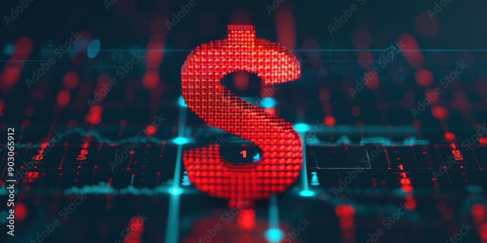 A glowing red dollar sign on a digital background.