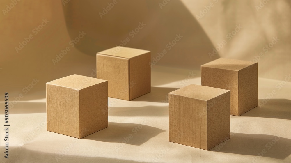 Four brown cardboard cubes are placed on a beige fabric surface under soft lighting. Four brown cardboard cubes are placed on a beige fabric surface under soft lighting.