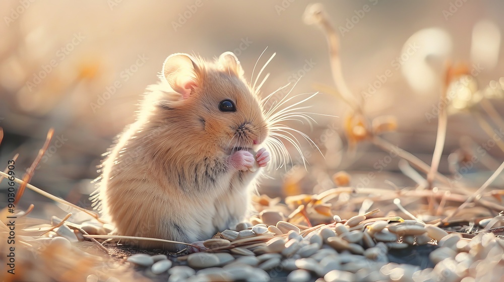 A tiny hamster eating sunflower seeds in the morning sun
