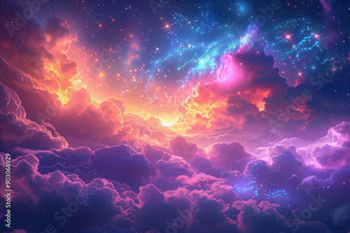 Colorful pastel background with stars and smoke