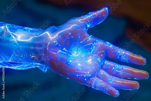 Transparent robotic hand with glowing purple lights highlighting advanced technology and sleek design in a futuristic environment.