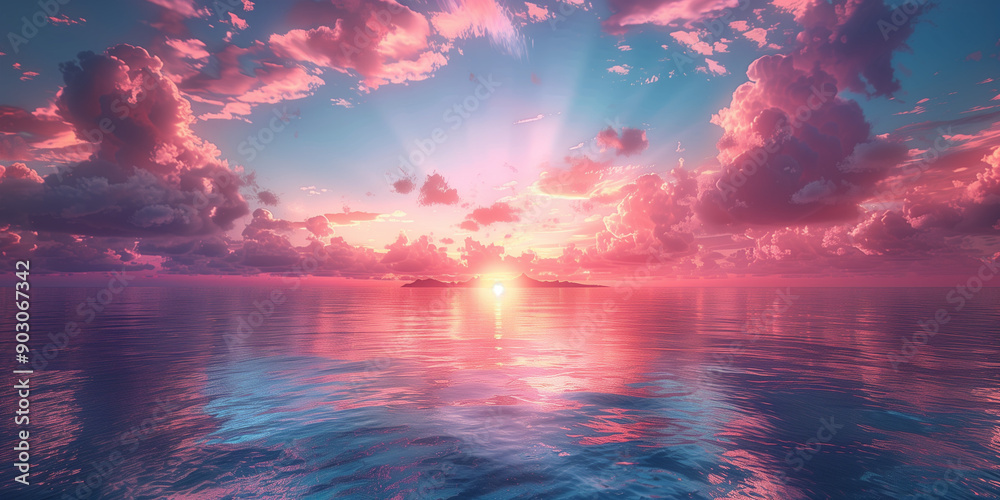 Fototapeta premium Calm sea, blue sky and white clouds, pink sunset glow, dreamy sky, background image, high definition photography, panoramic view, anime style