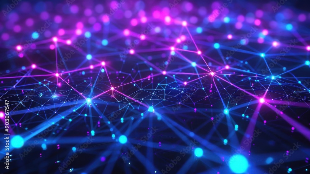 Abstract digital network with glowing nodes and lines in blue and pink hues, representing connectivity and data flow. Abstract digital network with glowing nodes and lines in blue and pink hues, representing connectivity and data flow.