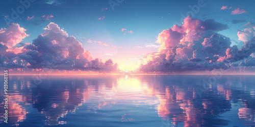 Calm sea, blue sky and white clouds, pink sunset glow, dreamy sky, background image, high definition photography, panoramic view