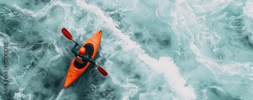 Extreme kayaker navigating whitewater rapids, intense action and focus, Extreme Sports in Action, editorial shot, empty copy space for text on side