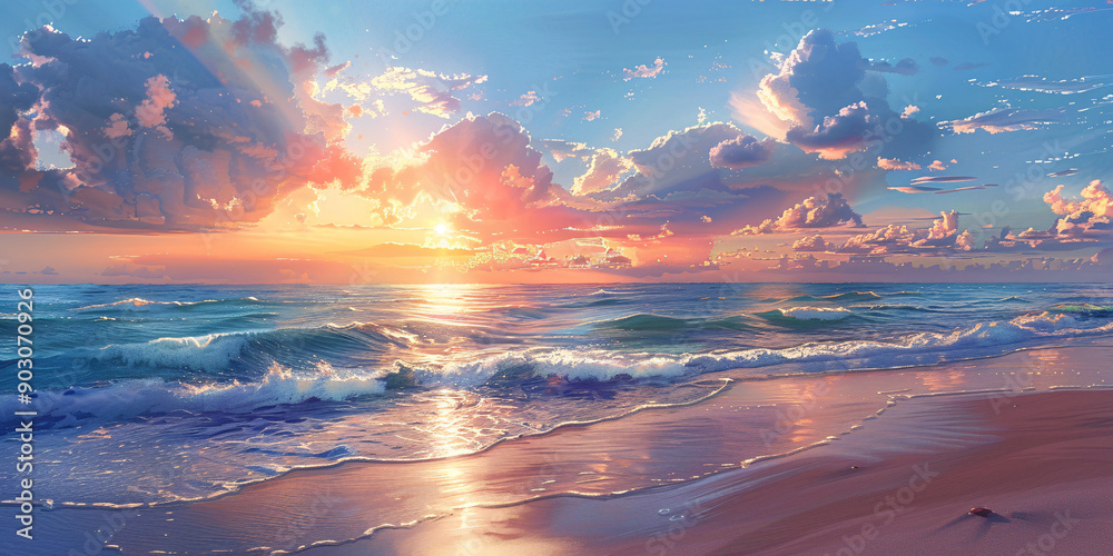 An oil painting illustration of a serene sunset at a beautiful beach An oil painting illustration of a serene sunset at a beautiful beach