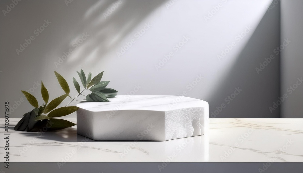 Luxury marble table with plant shadow on white wall and stone podium for product placement display. Trendy neutral aesthetic mockup template for beauty and cosmetics scene Luxury marble table with plant shadow on white wall and stone podium for product placement display. Trendy neutral aesthetic mockup template for beauty and cosmetics scene