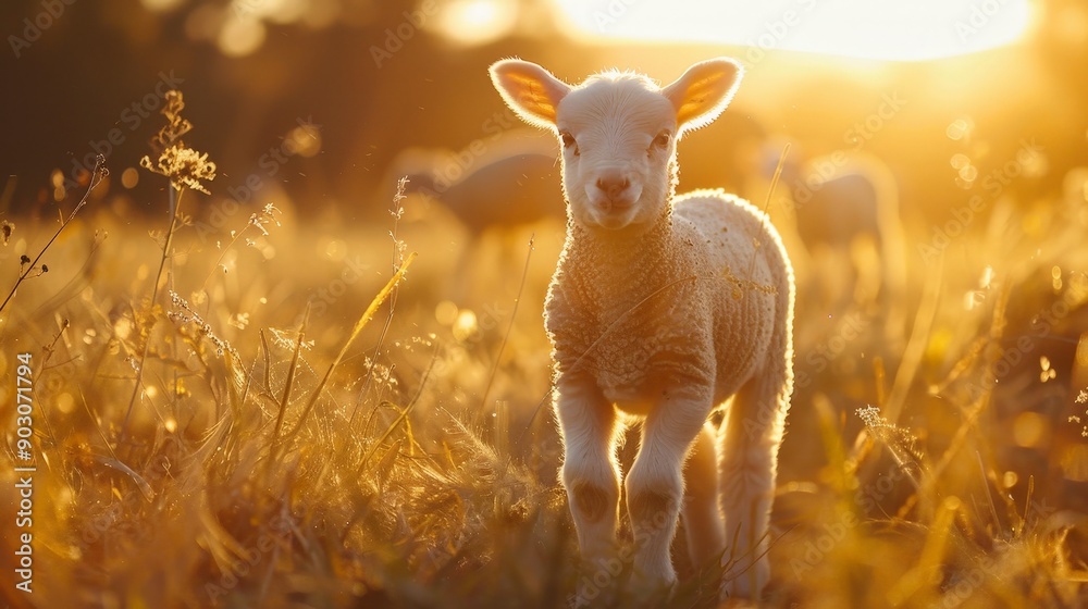 A tiny lamb frolicking in a sunlit field, morning rays A tiny lamb frolicking in a sunlit field, morning rays