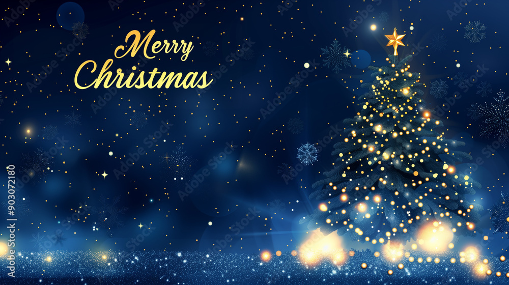 Christmas background with starry night, snowflakes and lights in dark blue color. Glowing christmas tree for Happy New Year card design template. text Christmas background with starry night, snowflakes and lights in dark blue color. Glowing christmas tree for Happy New Year card design template. text