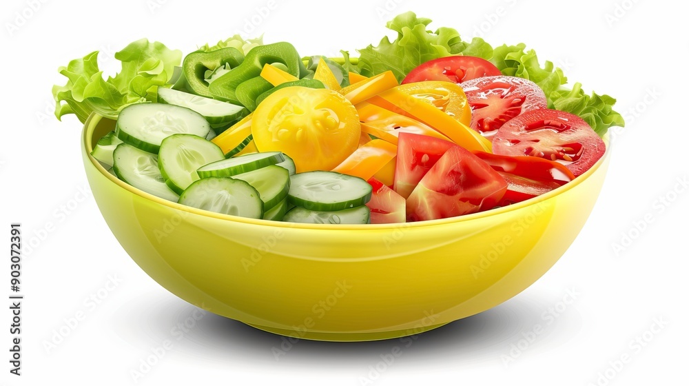 Fresh salad in a vibrant yellow bowl, featuring crisp lettuce, tomatoes, cucumbers, and lemon slices, perfect for healthy eating. Fresh salad in a vibrant yellow bowl, featuring crisp lettuce, tomatoes, cucumbers, and lemon slices, perfect for healthy eating.