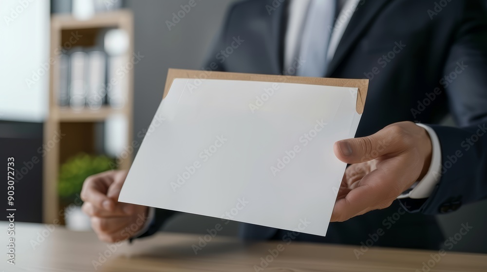 A close-up of an employee receiving a severance package document, in a corporate office, with copy space, high-resolution photo, hyper realistic A close-up of an employee receiving a severance package document, in a corporate office, with copy space, high-resolution photo, hyper realistic