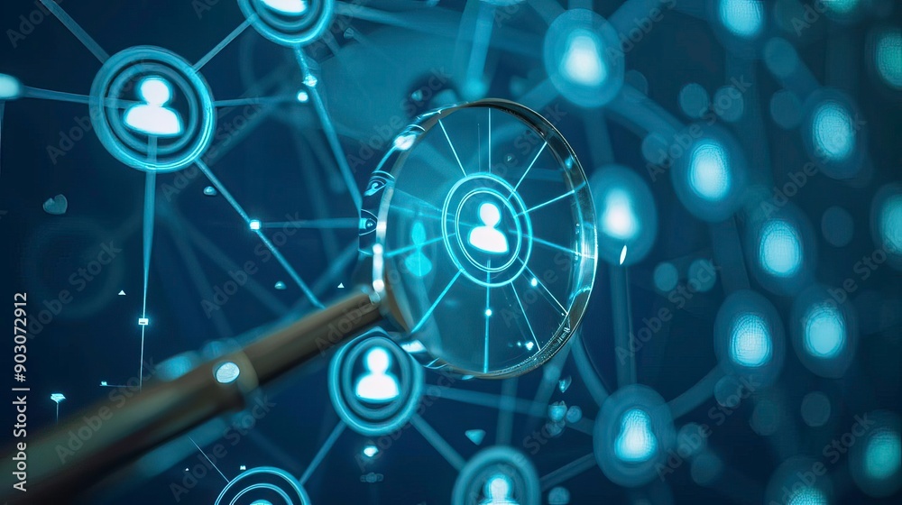 Obraz premium A magnifying glass focuses on a digital network of interconnected user icons, symbolizing connections and data analysis.