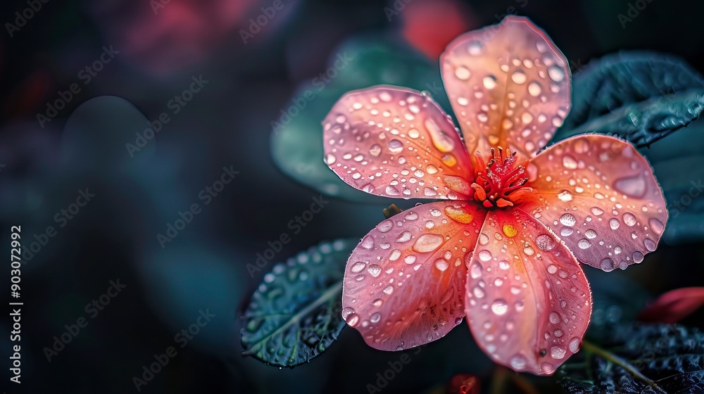 A close-up of a delicate flower adorned with droplets, showcasing vibrant colors and intricate petal details in a serene background. A close-up of a delicate flower adorned with droplets, showcasing vibrant colors and intricate petal details in a serene background.