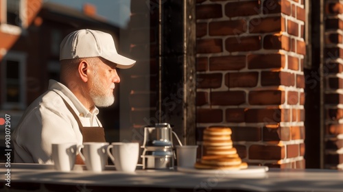 A detailed scene of a small business owner closing up shop for the last time, with copy space, high-resolution photo, hyper realistic © Wimon