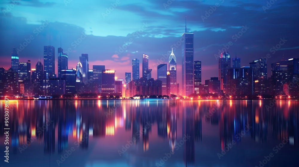 Fototapeta premium Stunning city skyline at dusk, reflecting lights on tranquil water, showcasing modern architecture and vibrant atmosphere.