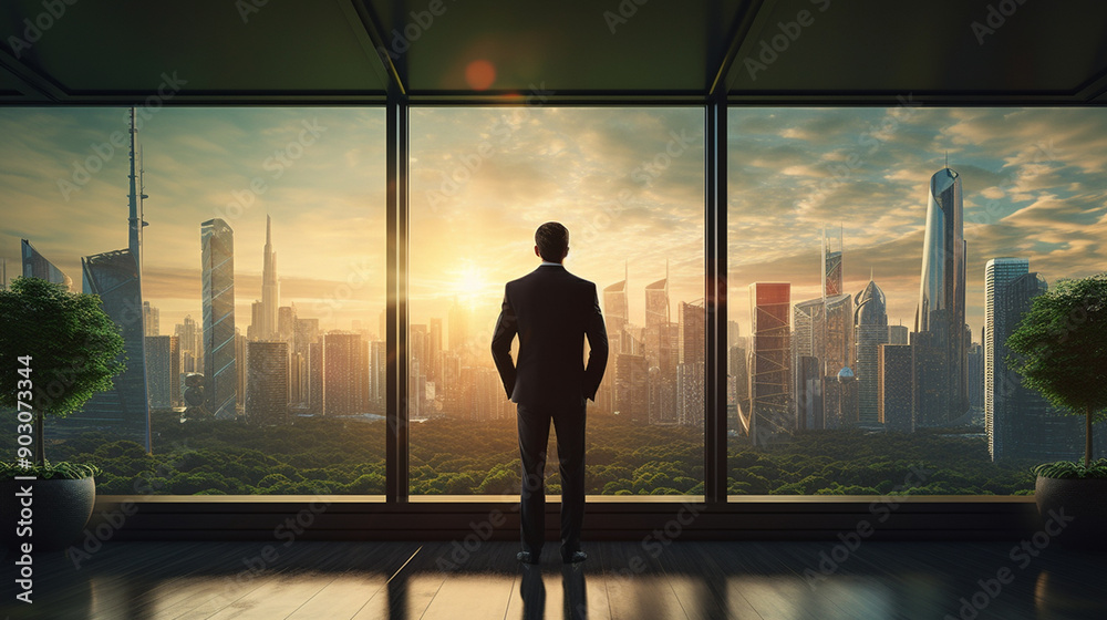 Business man in suit in office looking at modern Generative AI Business man in suit in office looking at modern Generative AI