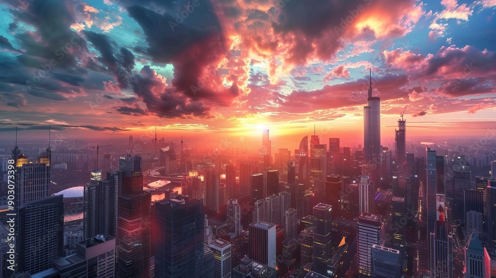 Fototapeta premium Stunning skyline at sunset, showcasing vibrant colors and dramatic clouds over a bustling cityscape.