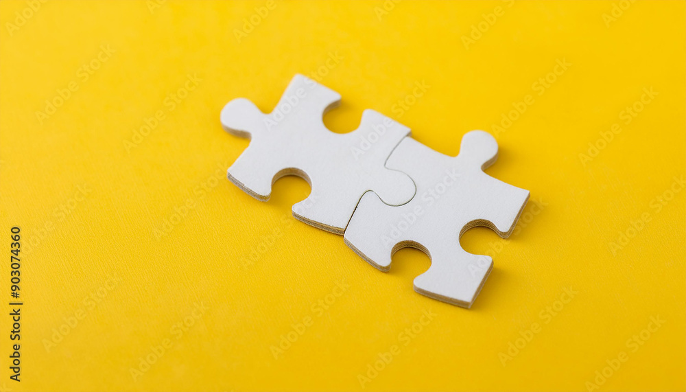 Fototapeta premium White puzzle pieces on yellow background. Brain game.
