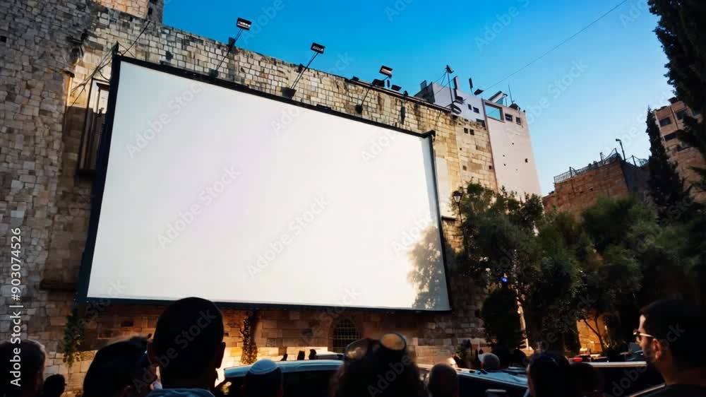 A huge blank poster hanging on a building in City, which used to be a cinema, a big letter hanging from it,generative ai A huge blank poster hanging on a building in City, which used to be a cinema, a big letter hanging from it,generative ai