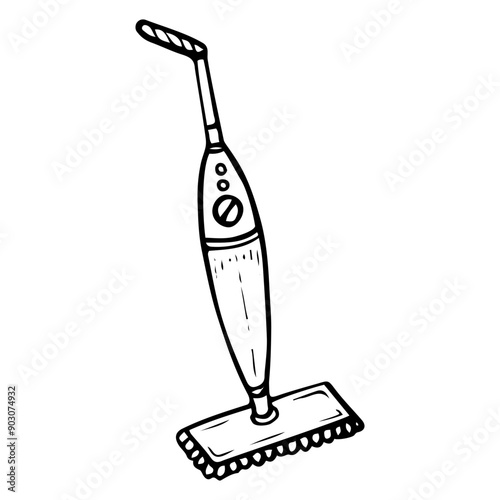 Electric floor mop hand drawn doodle. A tool with a handle for wet cleaning of dirt from the house. Laundry room. Vector outline line art illustration.
