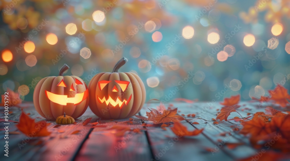 Naklejka premium Two carved pumpkins glow warmly on a rustic wooden table, surrounded by vibrant autumn leaves. The background captures the essence of a magical fall evening with golden hues and a dreamy bokeh effect